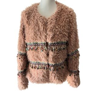 Dusty Pink Faux Fur Tassel Jacket Cozy Pink Teddy Jacket with Beaded Details XXL